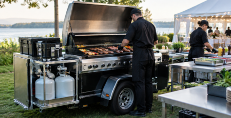 grill mobil catering într-o stație outdoor profesională, cu zonă de gătire organizată pentru transport eficient, combustibil adecvat și lucru susținut la evenimente