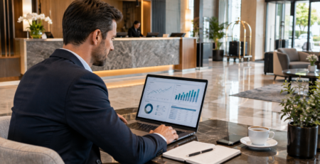 Manager hotelier analizând indicatori performanță hotel pe laptop într-un spațiu modern de recepție, într-un context vizual care sugerează tarif mediu, grad de ocupare și venit pe cameră disponibilă.