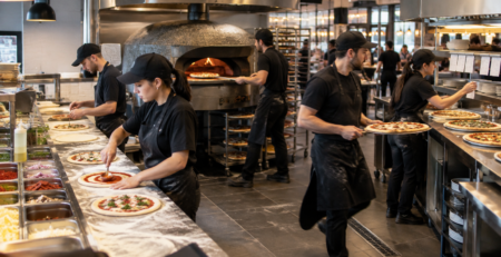 Flux de lucru într-o pizzerie profesională în timpul serviciului aglomerat, ilustrând întârzieri pizzerie ore de vârf între postul de preparare, cuptor și zona de expediere.