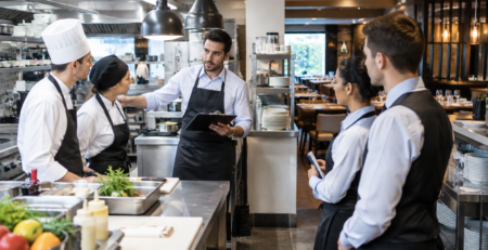 integrare angajați HoReCa într-un restaurant profesionist, cu manager care instruiește personal nou în bucătărie și sală