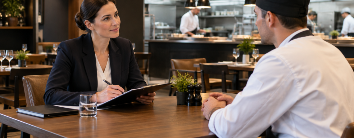 Manager în timpul unui interviu angajare HoReCa cu un candidat pentru post de bucătar sau ospătar, într-un restaurant profesionist.