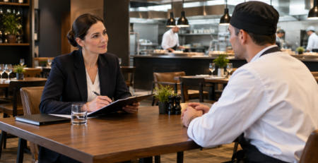 Manager în timpul unui interviu angajare HoReCa cu un candidat pentru post de bucătar sau ospătar, într-un restaurant profesionist.