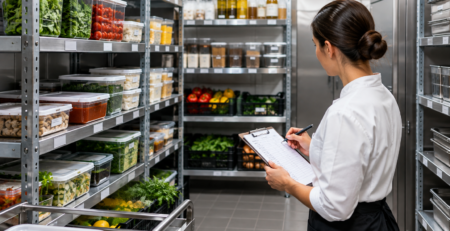 Spațiu de depozitare HoReCa organizat pentru inventar rotativ restaurant, cu rafturi etichetate, recipiente standardizate și verificare zilnică a stocurilor.