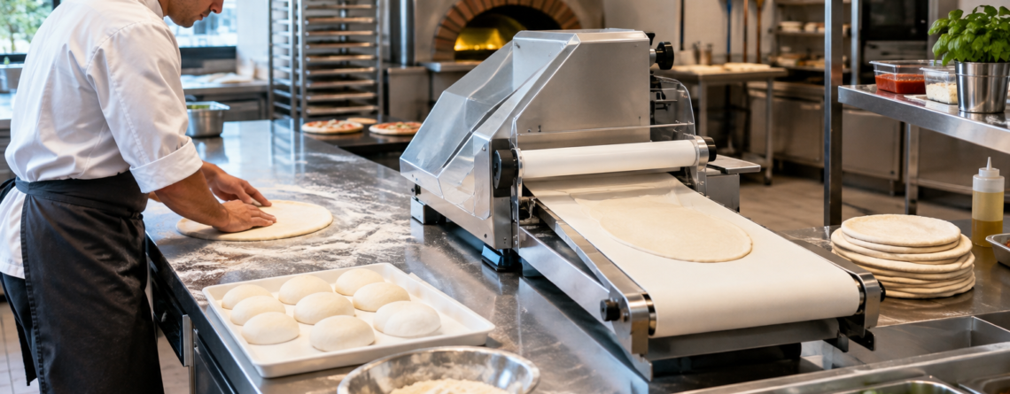 Post de pregătire într-o pizzerie profesională, cu laminator aluat pizza și zonă de lucru organizată pentru întinderea aluatului în flux constant.