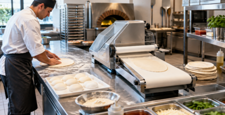 Post de pregătire într-o pizzerie profesională, cu laminator aluat pizza și zonă de lucru organizată pentru întinderea aluatului în flux constant.