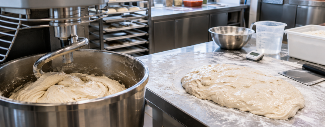 Scenă din laborator de pizza cu aluat în curs de frământare, relevantă pentru alegerea unui malaxor aluat hidratat