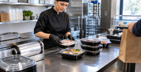 Zonă profesională de ambalare pentru mâncare rămasă restaurant, cu recipiente takeaway, folie de sigilare și blat inox într-o bucătărie HoReCa