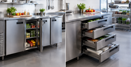 masă frigorifică uși vs sertare într-o bucătărie profesională, cu ingrediente organizate pentru acces rapid și flux de lucru eficient