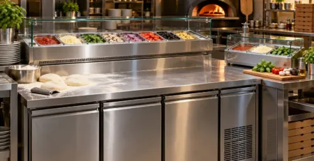 Masă pizza frigorifică într-un post profesional de preparare