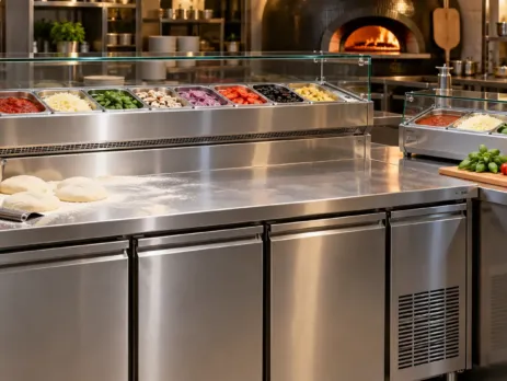Masă pizza frigorifică într-un post profesional de preparare