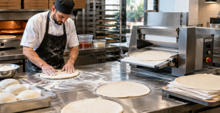 Post de lucru din pizzerie profesională cu operator și mașină întins aluat pizza, într-o scenă comparativă despre întindere manuală și automatizare