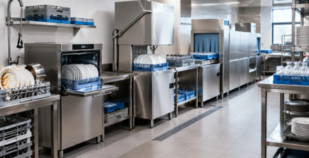 mașină de spălat vase profesională într-o zonă de spălare HoReCa