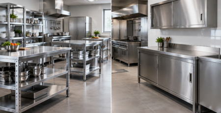 Comparație vizuală cu mobilier inox demontabil vs sudat într-o bucătărie profesională, cu mese de lucru și corpuri din inox organizate pentru flux și montaj.
