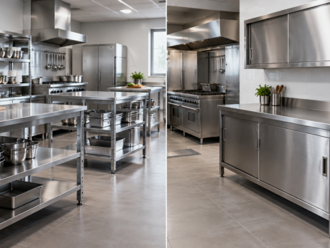 Comparație vizuală cu mobilier inox demontabil vs sudat într-o bucătărie profesională, cu mese de lucru și corpuri din inox organizate pentru flux și montaj.