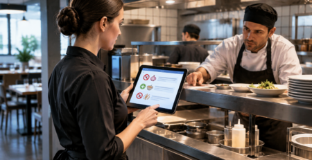 Scenă din restaurant care ilustrează modificări comandă restaurant comunicate clar între ospătar și bucătărie