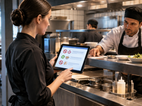 Scenă din restaurant care ilustrează modificări comandă restaurant comunicate clar între ospătar și bucătărie