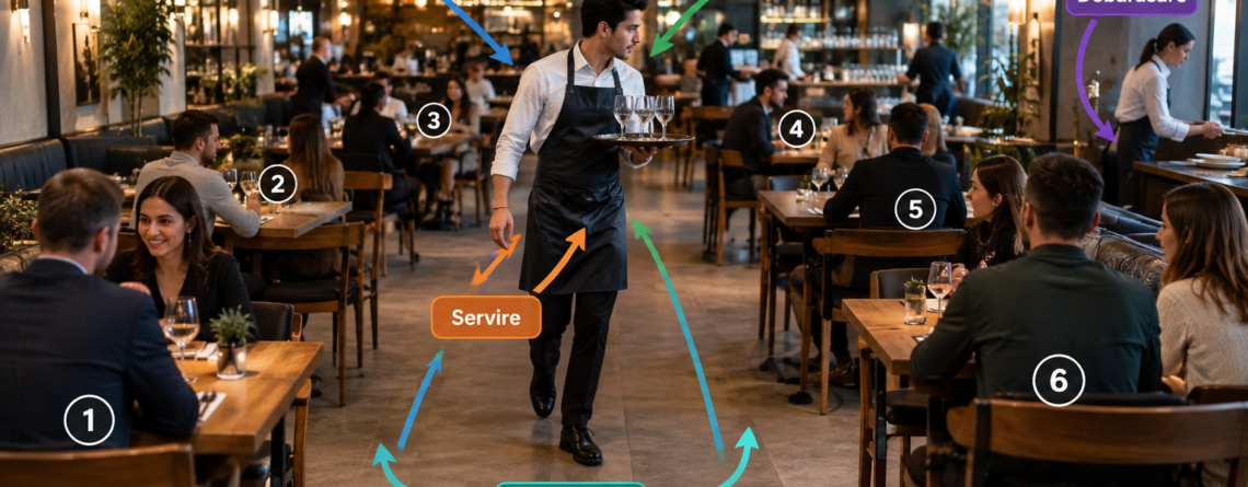 organizare ospătar mese într-un restaurant aglomerat, cu șase mese simultan și trasee clare pentru comenzi, băuturi, servire și debarasare