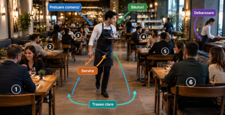 organizare ospătar mese într-un restaurant aglomerat, cu șase mese simultan și trasee clare pentru comenzi, băuturi, servire și debarasare