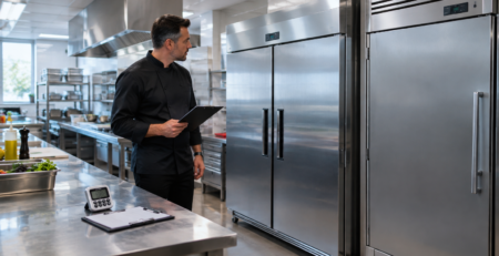pană de curent restaurant într-o bucătărie profesională, cu dulapuri frigorifice și congelare închise, verificare a zonei de refrigerare și măsuri rapide pentru siguranța alimentelor.