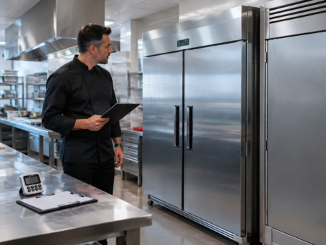 pană de curent restaurant într-o bucătărie profesională, cu dulapuri frigorifice și congelare închise, verificare a zonei de refrigerare și măsuri rapide pentru siguranța alimentelor.