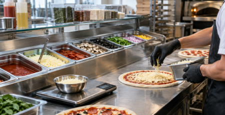 Stație de pizzerie organizată pentru porționare pizza, cu ingrediente separate în recipiente standard și dozare controlată a sosului și toppingurilor.