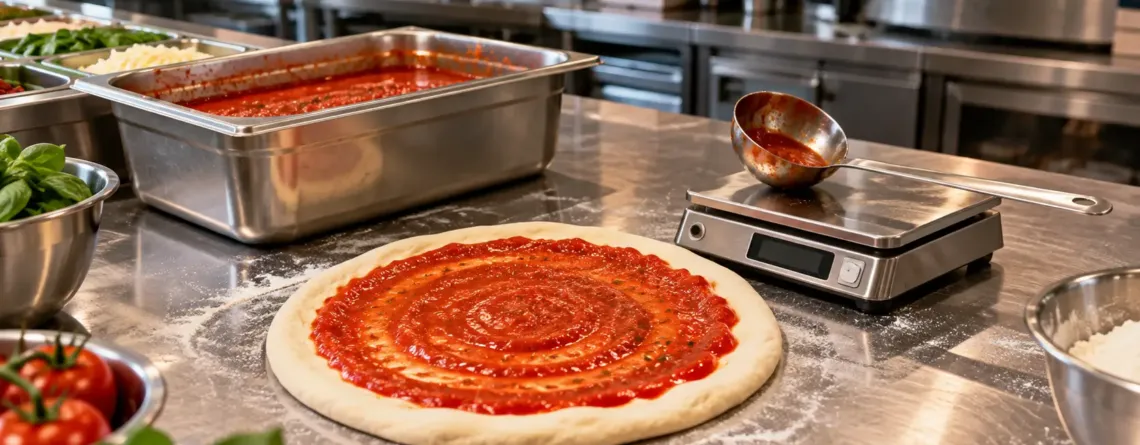 Porționare sos pizza într-o stație de lucru profesională