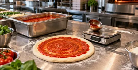 Porționare sos pizza într-o stație de lucru profesională