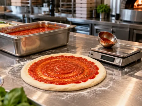 Porționare sos pizza într-o stație de lucru profesională