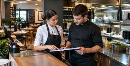 predare tură restaurant între doi angajați HoReCa care verifică notițe operaționale și statusul serviciului într-un spațiu profesional organizat