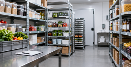 Spațiu de depozitare HoReCa organizat pentru prima comandă marfă restaurant, cu rafturi metalice și recipiente alimentare etichetate
