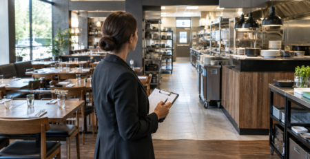 manager restaurant începător care verifică operațiunile într-un restaurant profesionist înainte de a schimba procesele, echipa și organizarea.