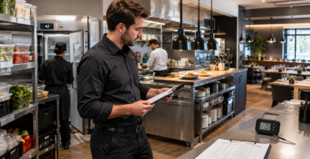 primele 90 zile restaurant: Manager într-un restaurant nou verifică operațiunile din primele 90 de zile restaurant, cu focus pe stocuri, temperaturi, servire și controlul proceselor.