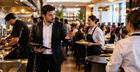 Manager HoReCa într-o tură aglomerată, stabilind priorități manager restaurant între sală plină, echipă sub presiune și probleme operaționale.