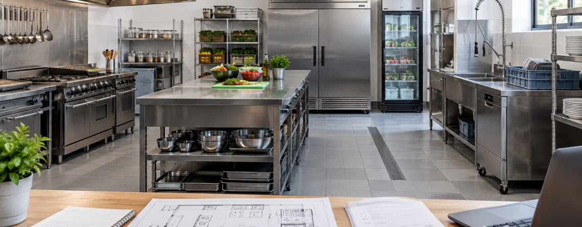 Planificarea unei prime bucătării profesionale pentru prioritizare echipamente HoReCa, cu zone distincte pentru preparare, refrigerare și spălare