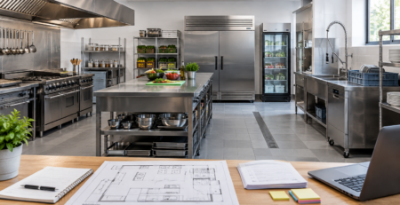Planificarea unei prime bucătării profesionale pentru prioritizare echipamente HoReCa, cu zone distincte pentru preparare, refrigerare și spălare