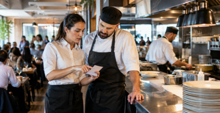 Coordonare între bucătărie și sală într-un restaurant aglomerat, în contextul unui produs epuizat restaurant și al actualizării rapide a comenzilor
