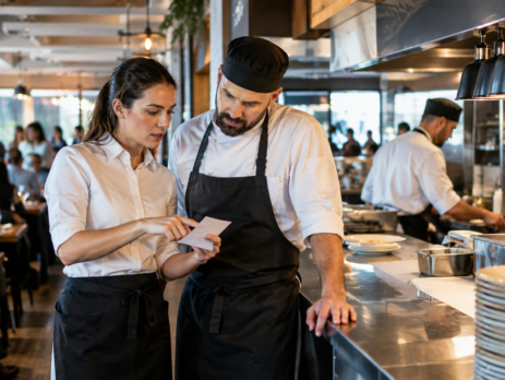 Coordonare între bucătărie și sală într-un restaurant aglomerat, în contextul unui produs epuizat restaurant și al actualizării rapide a comenzilor