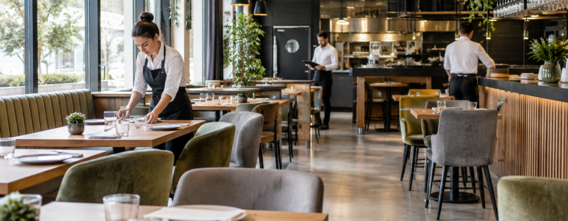 program funcționare restaurant într-un local nou, cu sală pregătită pentru servire și echipă care organizează deschiderea într-un spațiu HoReCa modern