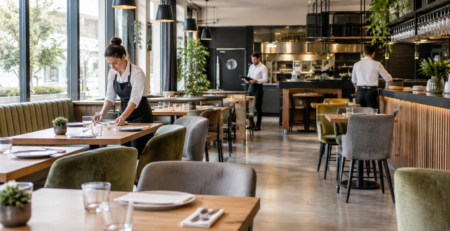 program funcționare restaurant într-un local nou, cu sală pregătită pentru servire și echipă care organizează deschiderea într-un spațiu HoReCa modern
