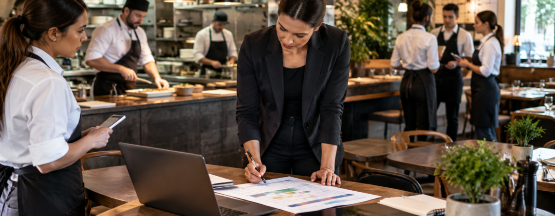 Manager care face programare ture restaurant într-un spațiu HoReCa, analizând personalul pe schimb și orele de vârf înainte de service.