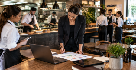 Manager care face programare ture restaurant într-un spațiu HoReCa, analizând personalul pe schimb și orele de vârf înainte de service.