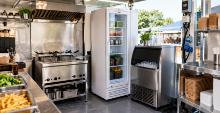 echipamente punct gastronomic sezonier: Punct gastronomic sezonier cu echipamente compacte pentru prăjire, refrigerare și gheață, organizate pentru lucru rapid în perioadele de vârf.