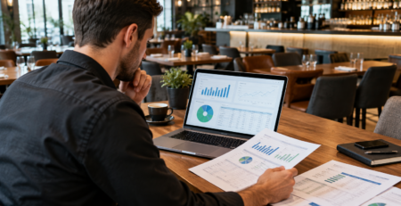 Manager analizând un raport zilnic restaurant pe laptop și documente, cu focus pe vânzări, încasări zilnice, număr clienți și bon mediu restaurant.