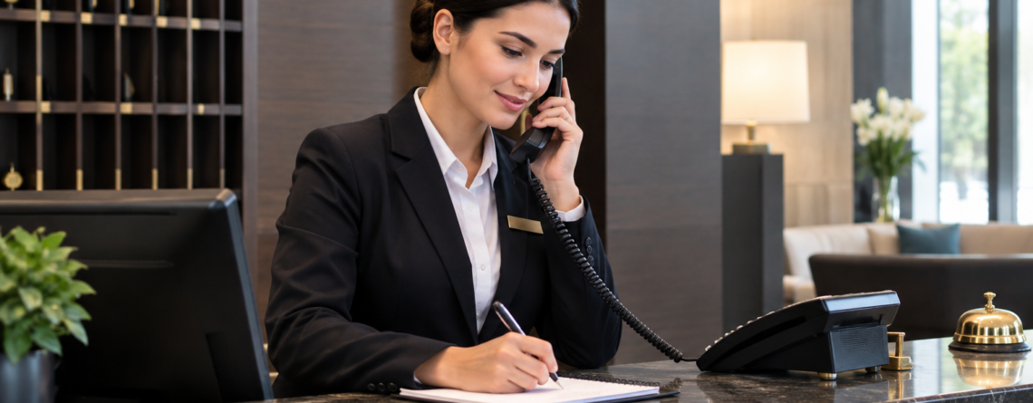 răspuns telefon recepție hotel într-o scenă cu recepționer la desk, vorbind calm la telefon și notând corect informațiile oaspetelui.