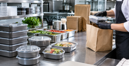 Stație de ambalare takeaway într-o bucătărie profesională, ilustrând reguli ambalaje HoReCa, recipiente reutilizabile și organizarea igienică a comenzilor la pachet.