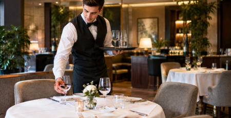 Scenă de restaurant cu ospătar începător care aplică reguli servire la masă lângă o masă pregătită corect, servind și debarasând atent într-un cadru HoReCa elegant.