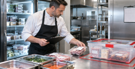 Manager într-o bucătărie profesională care aplică procedura de retragere produs alimentar restaurant prin verificarea loturilor și separarea stocului
