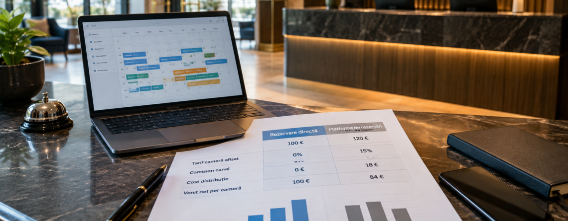 Scenă de recepție hotelieră și analiză de distribuție care ilustrează rezervare directă vs platforme hotel, cu accent pe tariful camerei, comisionul canalului și profitul net rămas hotelului.