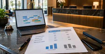 Scenă de recepție hotelieră și analiză de distribuție care ilustrează rezervare directă vs platforme hotel, cu accent pe tariful camerei, comisionul canalului și profitul net rămas hotelului.