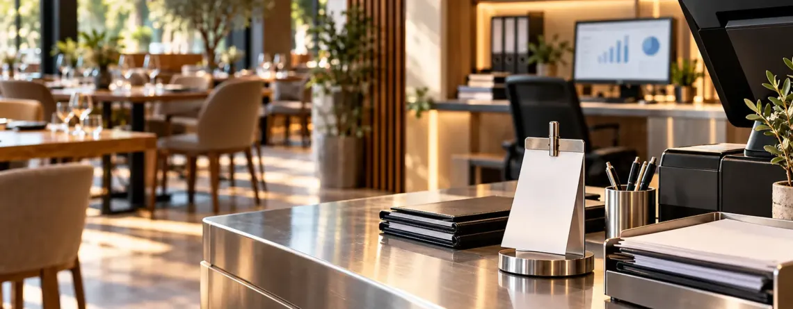 Zonă de casă într-un restaurant cu notă de plată și documente ordonate